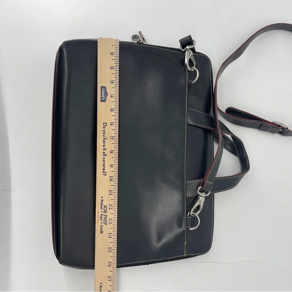 Lodis Laptop Bag Black Leather Red Trim Shoulder Strap Briefcase Career Pockets